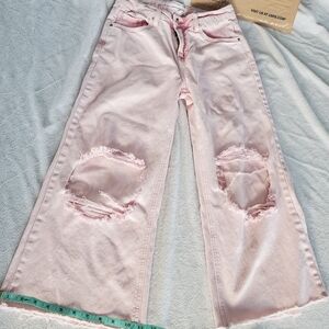 Trendy Light Pink Distressed Wide Leg Jeans